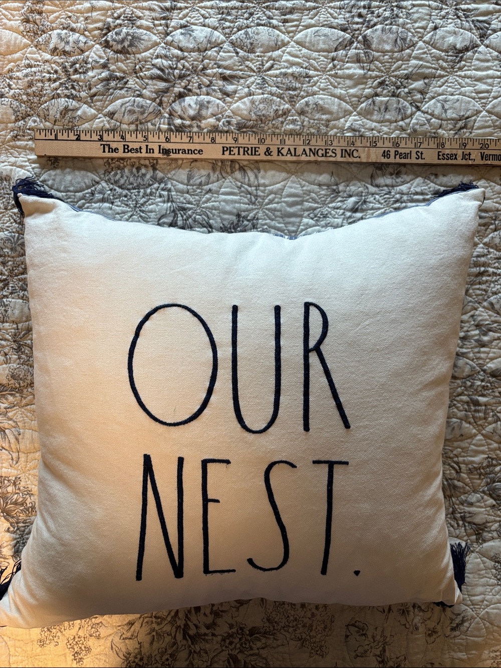 'Our Nest' Cream Decorative Throw Pillow with Navy Text